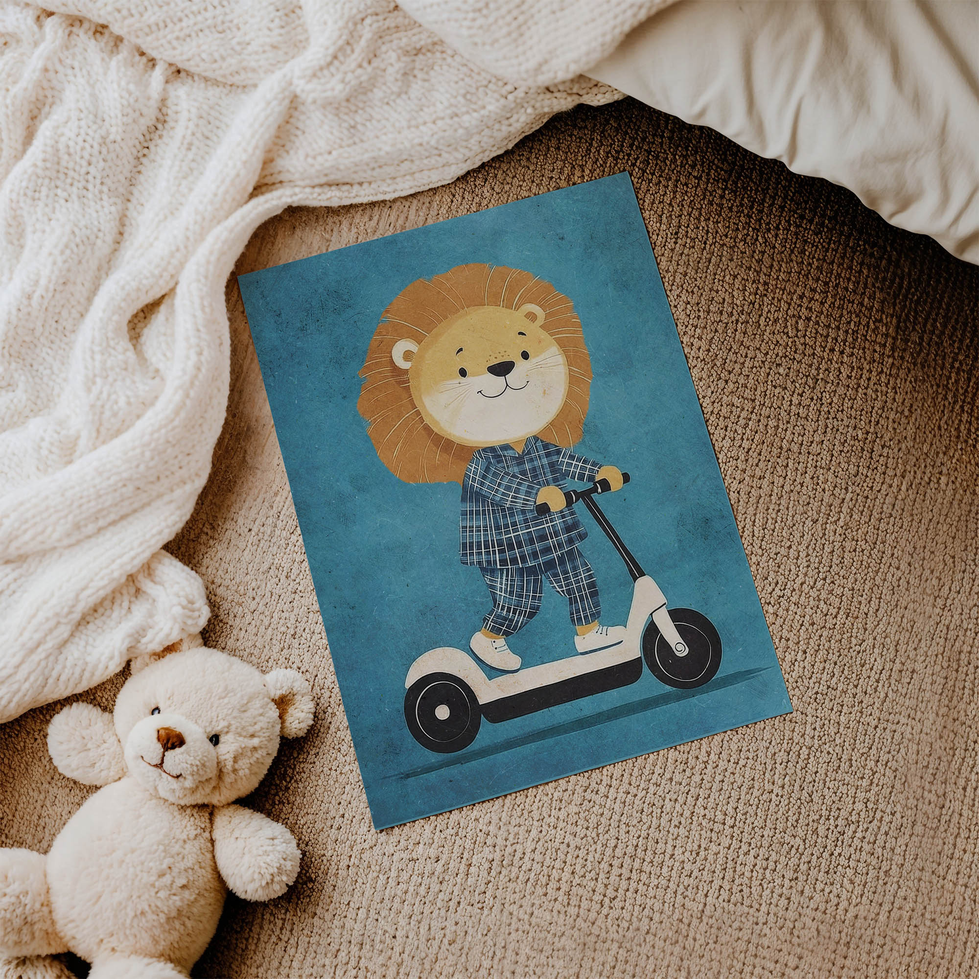 Scooter Süren Aslan Çocuk Odası Duvar Posteri Çerçeveli Tablo Dekorasyon - Görsel 3