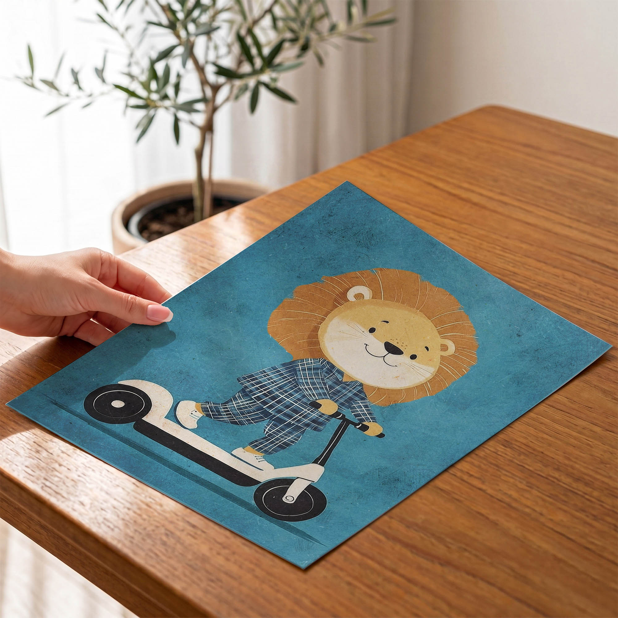 Scooter Süren Aslan Çocuk Odası Duvar Posteri Çerçeveli Tablo Dekorasyon - Görsel 4