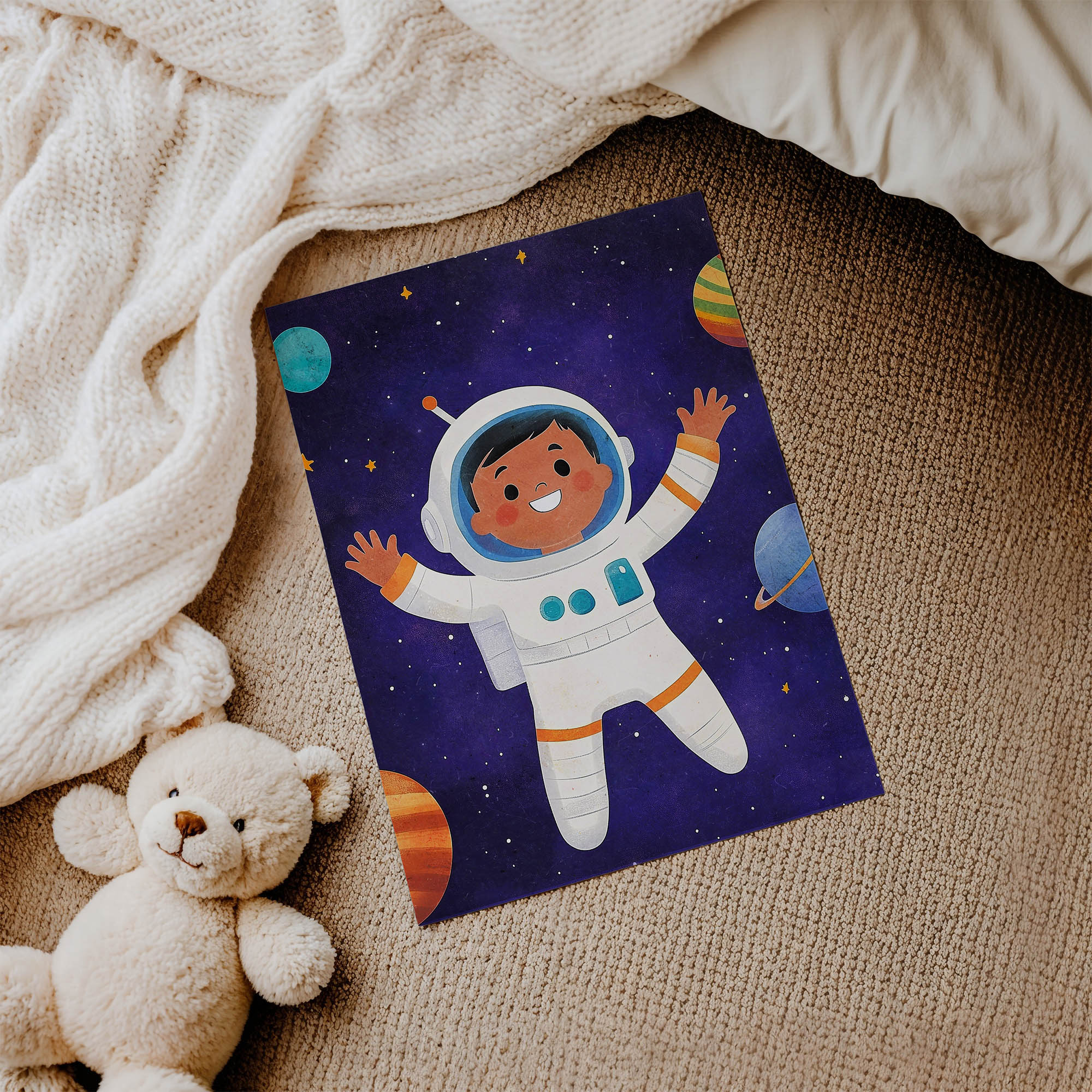 Uzayda Sevimli Astronot Çocuk Odası Duvar Posteri Çerçeveli Tablo Dekorasyon - Görsel 3