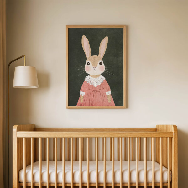 Pembe Elbiseli Tavşan Çocuk Odası Duvar Posteri Çerçeveli Tablo Dekorasyon