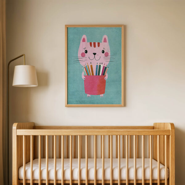 Renkli Kalemli Kedi Çocuk Odası Duvar Posteri Çerçeveli Tablo Dekorasyon