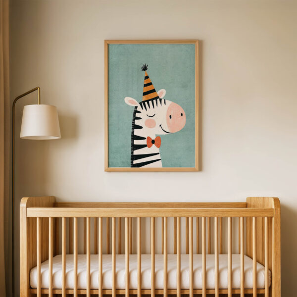 Parti Şapkalı Zebra Çocuk Odası Duvar Posteri Çerçeveli Tablo Dekorasyon