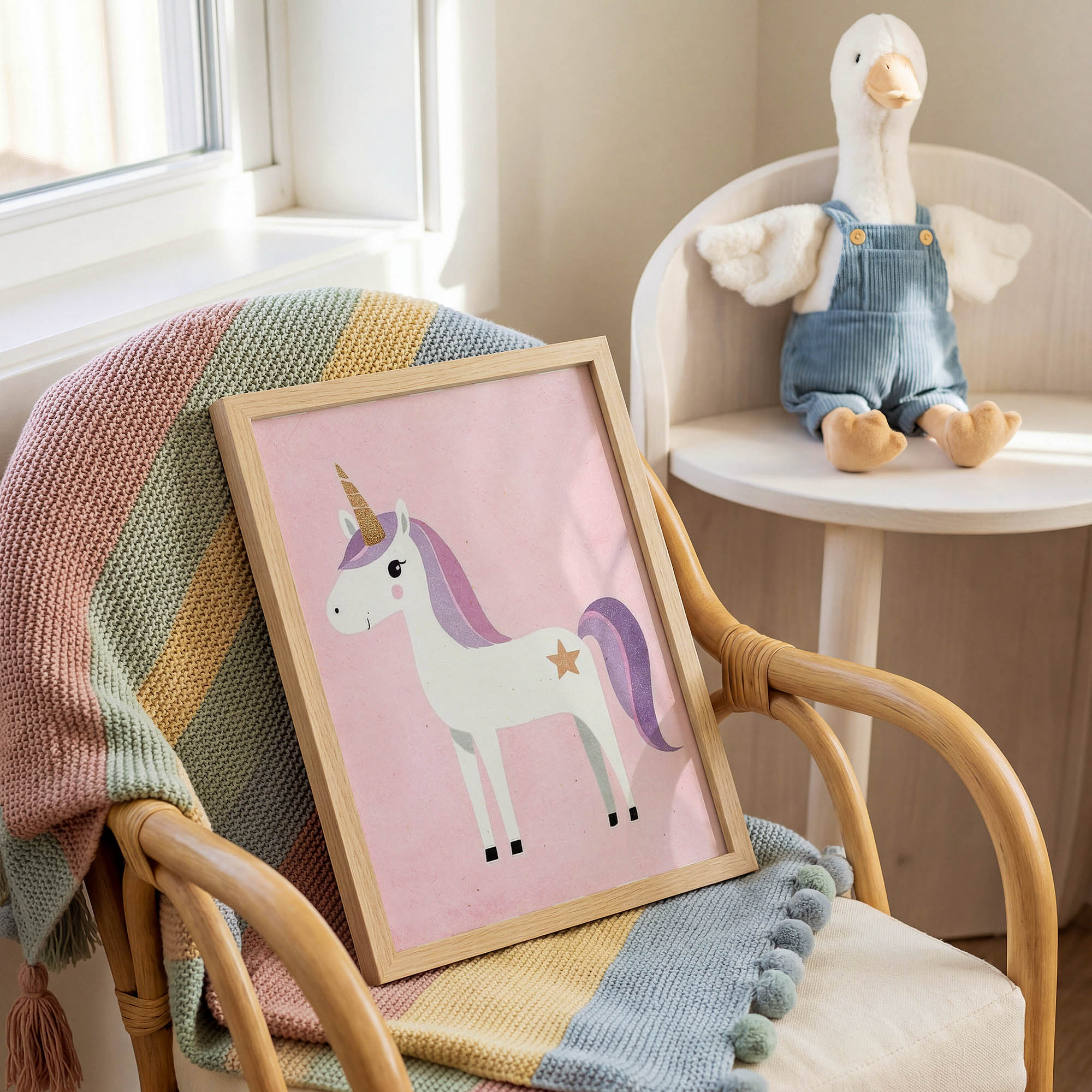 Sevimli Beyaz Unicorn Çocuk Odası Duvar Posteri Çerçeveli Tablo Dekorasyon - Görsel 2