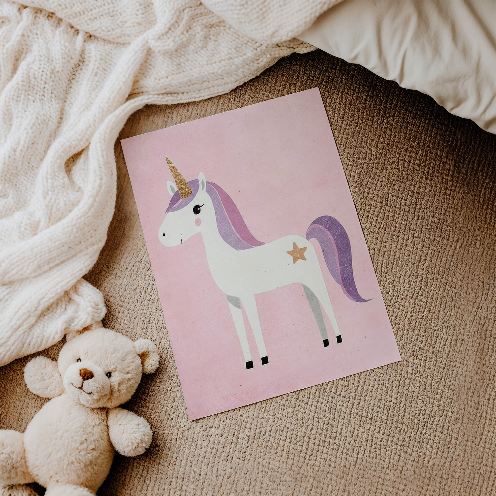 Sevimli Beyaz Unicorn Çocuk Odası Duvar Posteri Çerçeveli Tablo Dekorasyon - Görsel 3