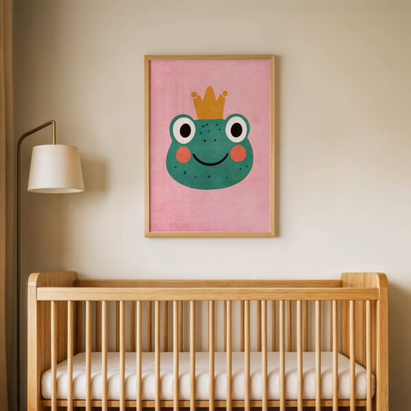 Taçlı Pembe Kurbağa Çocuk Odası Duvar Posteri Çerçeveli Tablo Dekorasyon