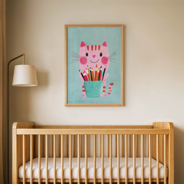 Pembe Kedi Çocuk Odası Duvar Posteri Çerçeveli Tablo Dekorasyon