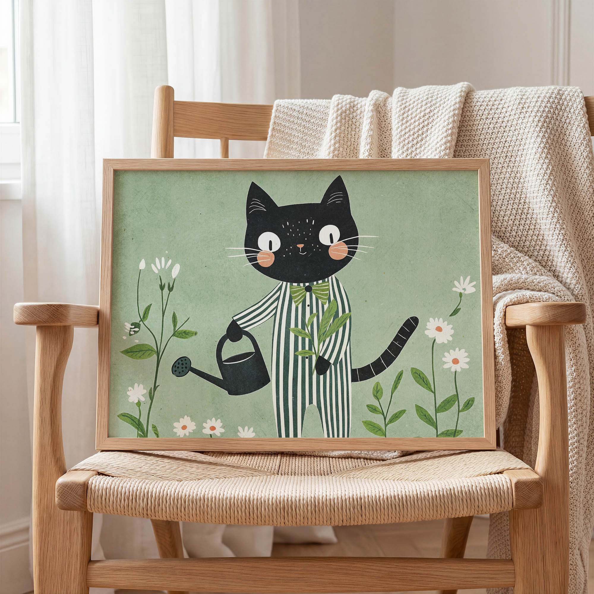 Pijamalı Kedi Çocuk Odası Duvar Posteri Çerçeveli Tablo Dekorasyon