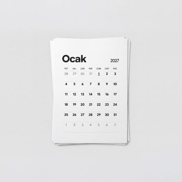 Ocak 2027 takvim yaprağı, minimalist tasarımlı beyaz masa takvimi yedeği.