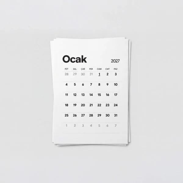 Ocak 2027 takvim yaprağı, minimalist tasarımlı beyaz masa takvimi yedeği.