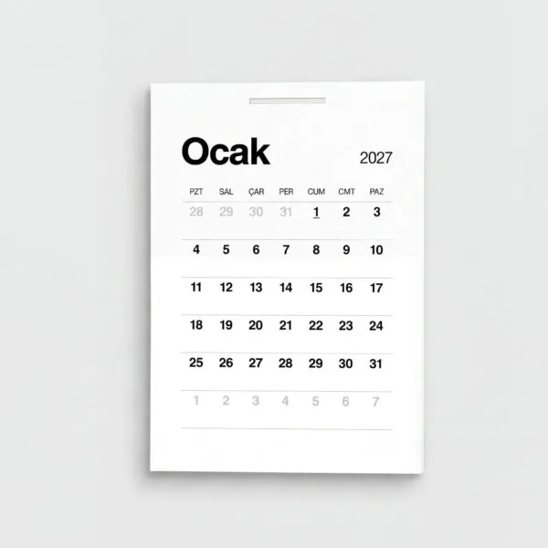 Ocak 2027 tarihli minimalist tasarımlı duvar takvimi posteri