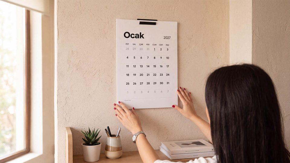 Duvara 2027 yılı Ocak ayı takvimi asan bir kadın, modern ve minimalist tasarımlı beyaz duvar takvimi.