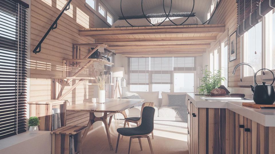 Modern ve minimalist tasarımlı, ahşap detaylara sahip ferah küçük ev içi dekorasyon örneği.