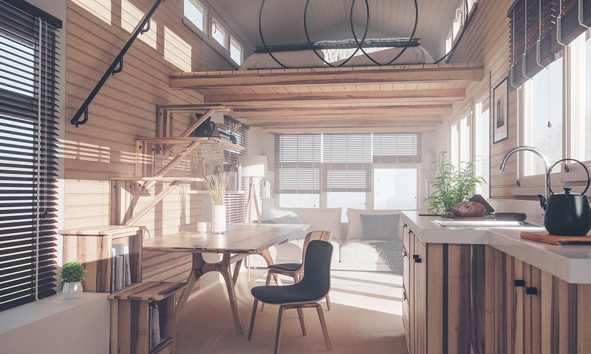 Modern ve minimalist tasarımlı, ahşap detaylara sahip ferah küçük ev içi dekorasyon örneği.