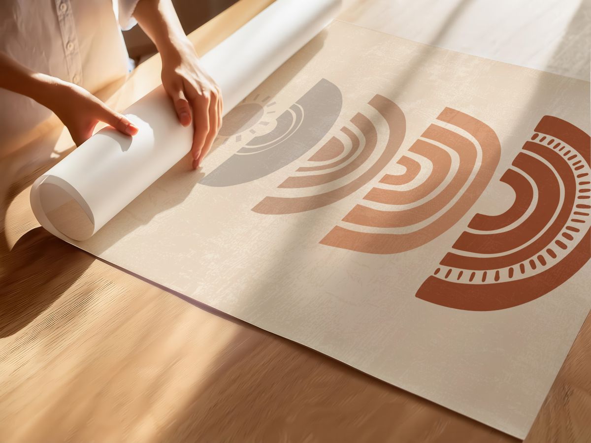Boho Üst Üste Gökkuşağı Yarım Daireleri ve Güneş, rulo yapılmış çerçevesiz poster