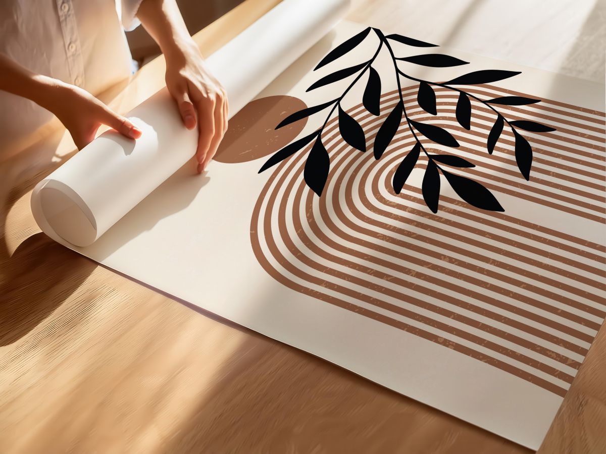 Boho Terakota Çizgisel Kemer, Güneş ve Siyah Yapraklar, rulo yapılmış çerçevesiz poster