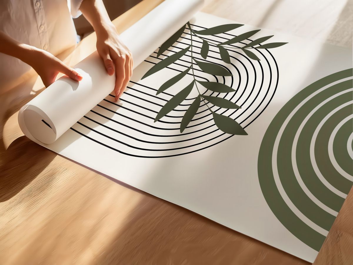 Boho Siyah Çizgiler, Yeşil Yaprak Dalı ve Yeşil Kemer, rulo yapılmış çerçevesiz poster