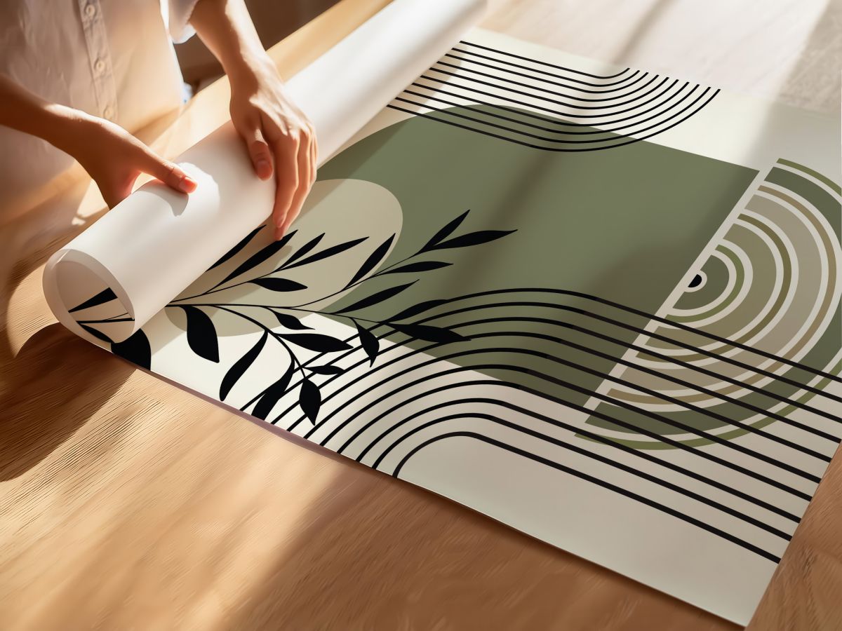 Boho Adaçayı Yeşili Kemer, Bej Güneş ve Siyah Yapraklar, rulo yapılmış çerçevesiz poster