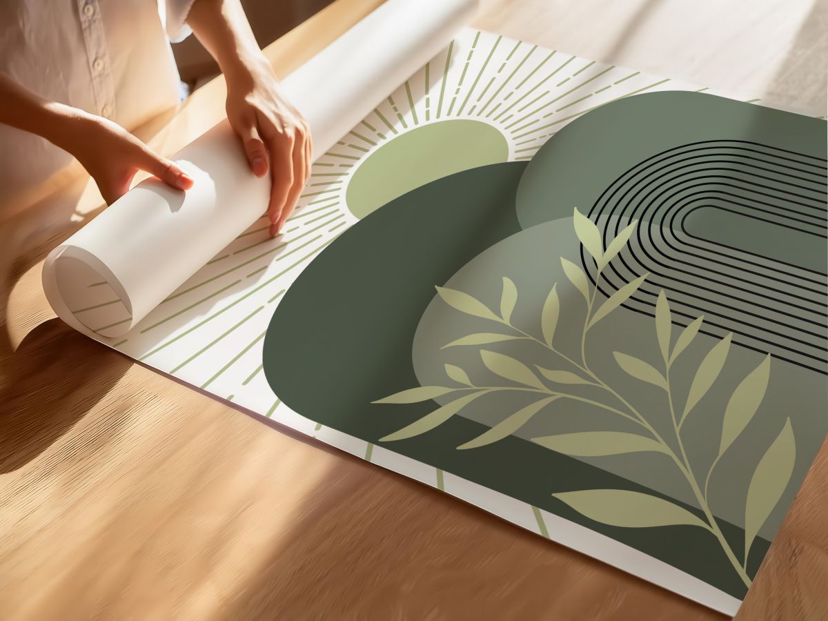 Boho Yeşil Kemerler, Işınlı Güneş ve Açık Yeşil Yapraklar, rulo yapılmış çerçevesiz poster