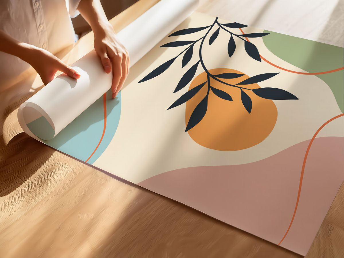 Boho Pastel Soyut Formlar ve Lacivert Yaprak Dalı, rulo yapılmış çerçevesiz poster
