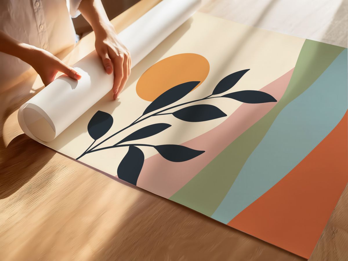 Boho Renkli Tepeler, Turuncu Güneş ve Lacivert Yaprak Dalı, rulo yapılmış çerçevesiz poster