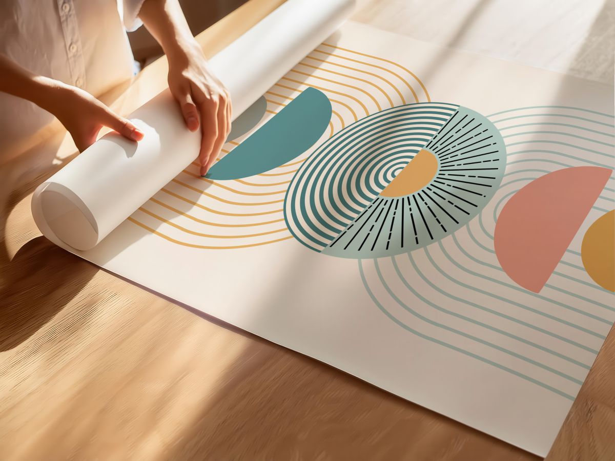 Boho Petrol Mavisi Işınlı Daire, Pembe ve Hardal Yarım Daireler, rulo yapılmış çerçevesiz poster