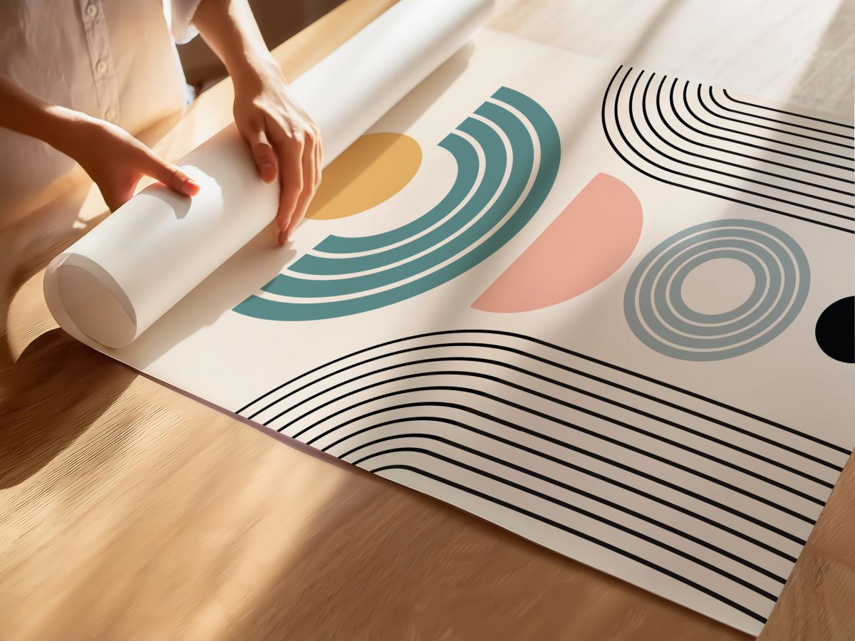 Boho Hardal Güneş, Petrol Mavisi Yay ve Siyah Çizgisel Kemerler, rulo yapılmış çerçevesiz poster