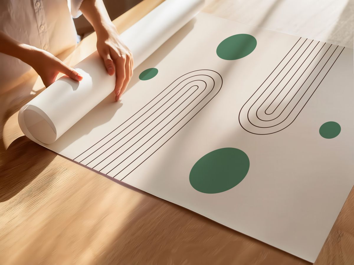 Boho Kıvrımlı Çizgiler ve Yeşil Daireler, rulo yapılmış çerçevesiz poster