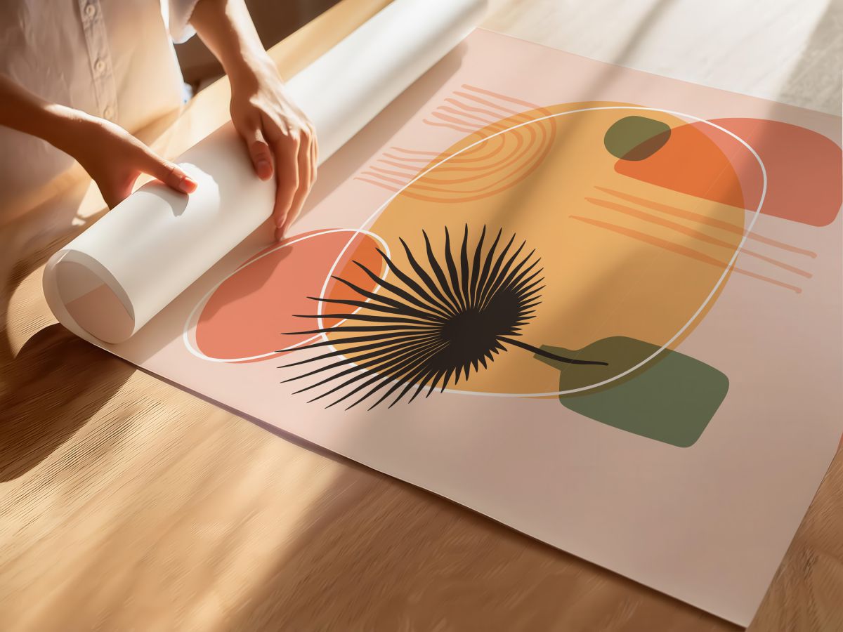 Boho Vazoda Palmiye Yaprağı ve Pastel Formlar, rulo yapılmış çerçevesiz poster