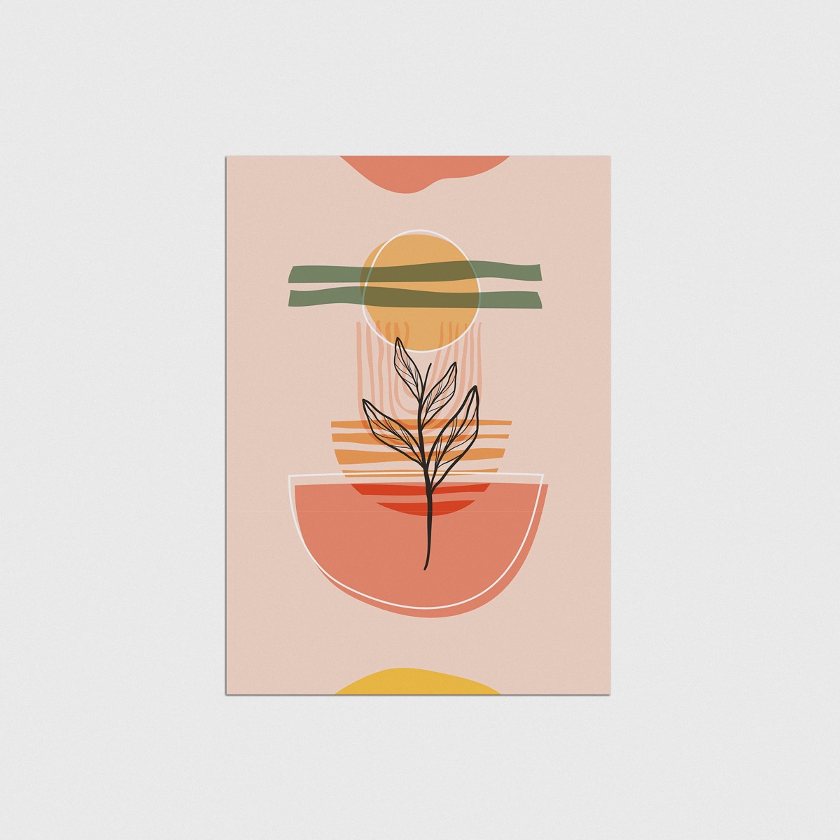 Boho Yarım Daire Üzerinde Çizgisel Bitki ve Güneş, çerçevesiz poster