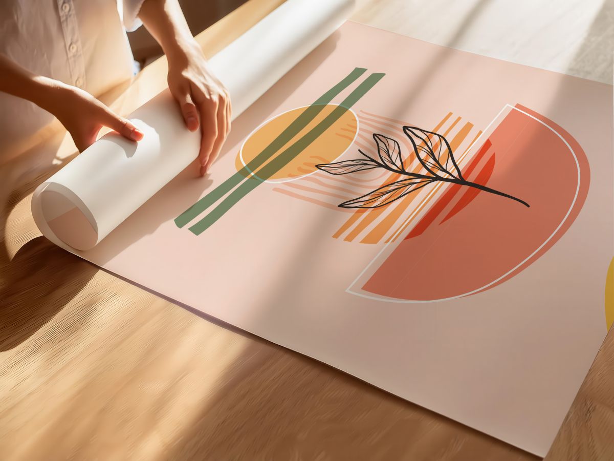 Boho Yarım Daire Üzerinde Çizgisel Bitki ve Güneş, rulo yapılmış çerçevesiz poster