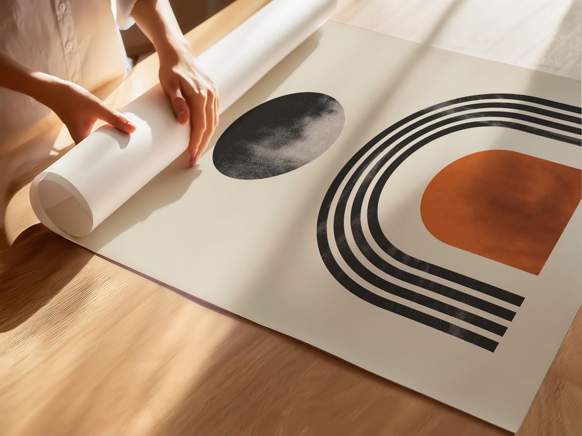 Boho Gri Dokulu Daire ve Turuncu Kemer, rulo yapılmış çerçevesiz poster