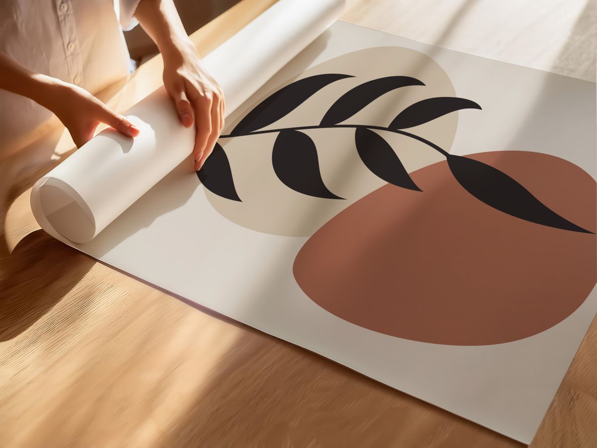 Boho Terakota ve Bej Formlar, Siyah Yaprak Dalı, rulo yapılmış çerçevesiz poster