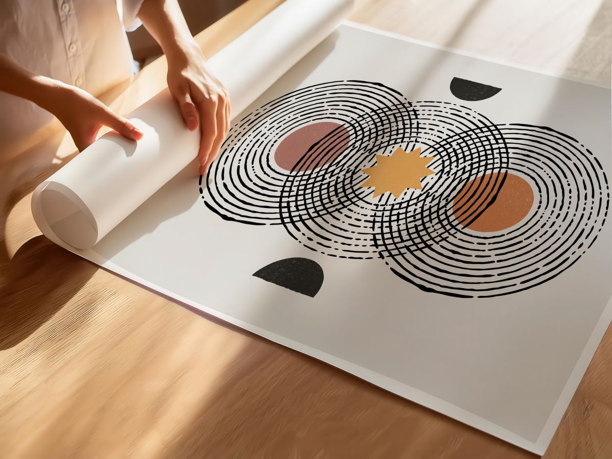Boho Çizgisel Halkalar, Hardal Yıldız ve Yarım Aylar, rulo yapılmış çerçevesiz poster