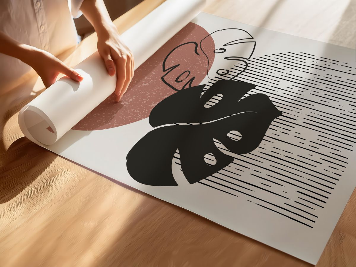 Boho Siyah Monstera Yaprağı ve Gül Kurusu Yarım Daire, rulo yapılmış çerçevesiz poster