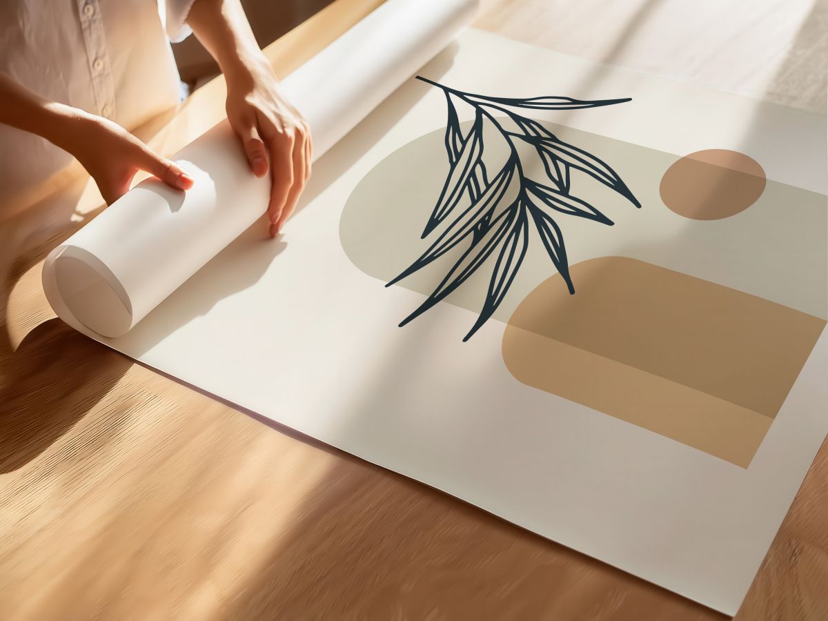 Boho Bej Kemerler ve Lacivert Çizgisel Yaprak Dalı, rulo yapılmış çerçevesiz poster