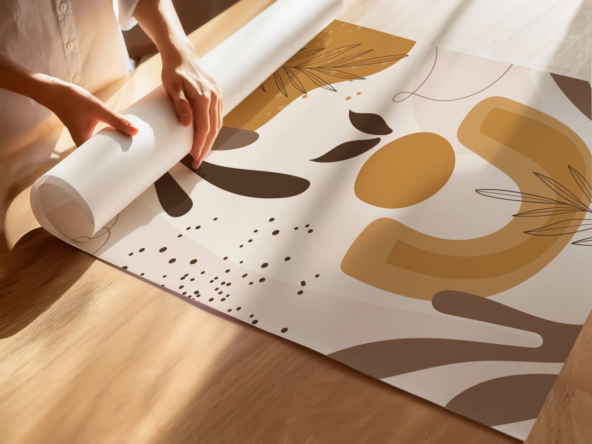 Boho Hardal ve Kahve Organik Formlar ile Yapraklar, rulo yapılmış çerçevesiz poster