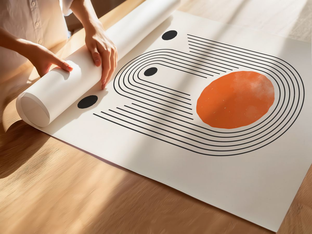 Boho Çizgisel Kemer, Turuncu Güneş ve Üç Siyah Nokta, rulo yapılmış çerçevesiz poster