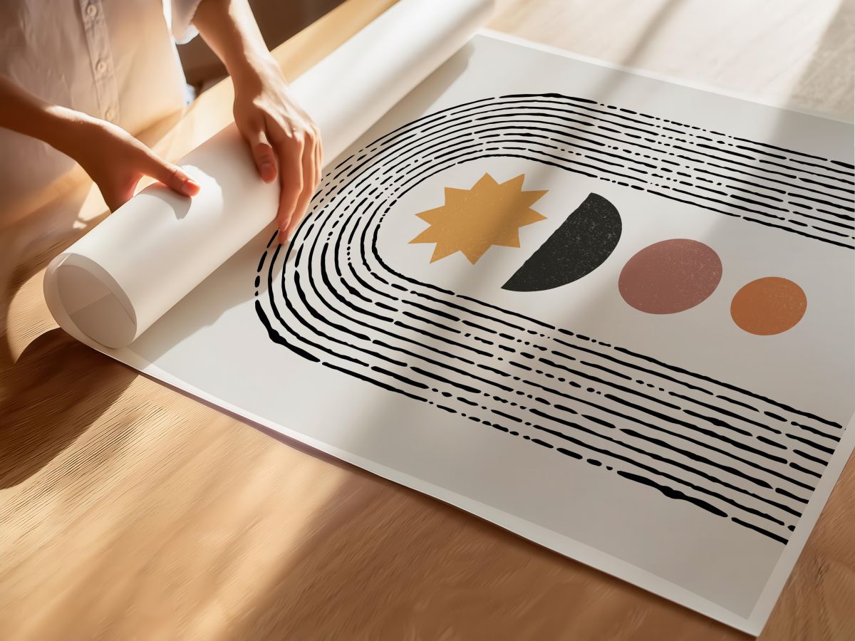Boho Eskitme Çizgisel Kemer İçinde Hardal Yıldız ve Daireler, rulo yapılmış çerçevesiz poster