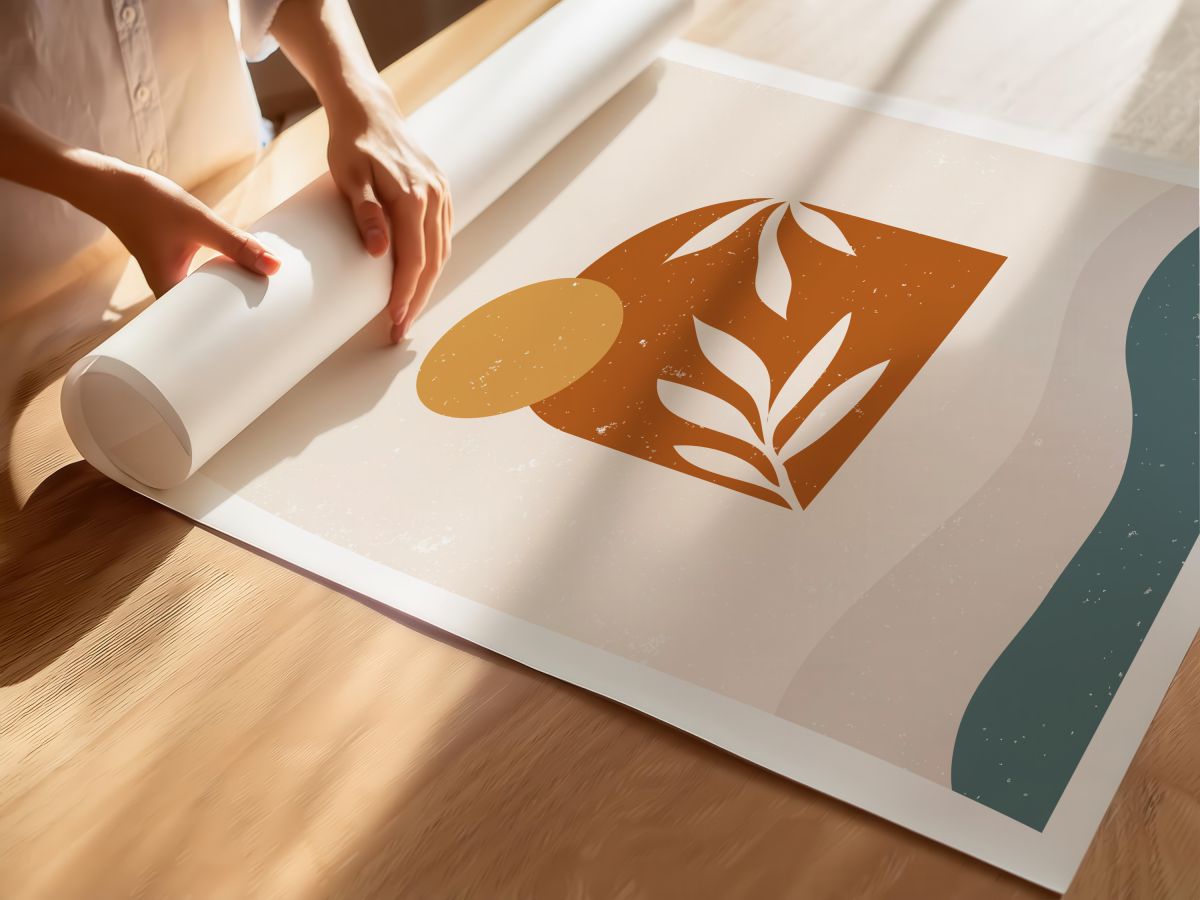 Boho Turuncu Kemer, Beyaz Yapraklar, Güneş ve Dalgalar, rulo yapılmış çerçevesiz poster