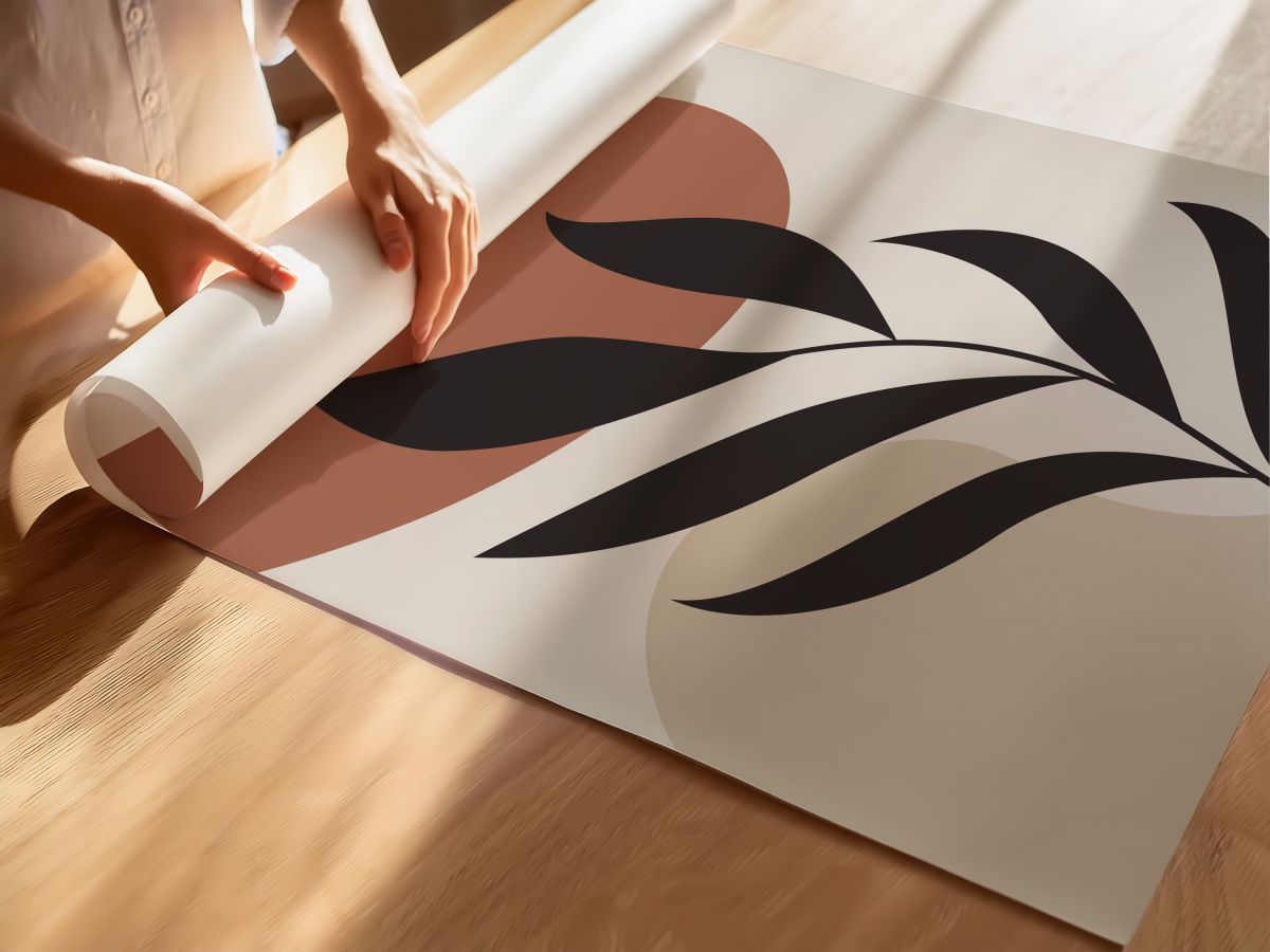 Boho Siyah Yaprak Dalı, Terakota Güneş ve Bej Formlar, rulo yapılmış çerçevesiz poster