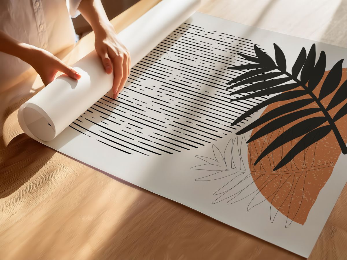 Boho Dikey Çizgiler, Turuncu Yarım Daire ve Siyah Palmiye Yaprağı, rulo yapılmış çerçevesiz poster
