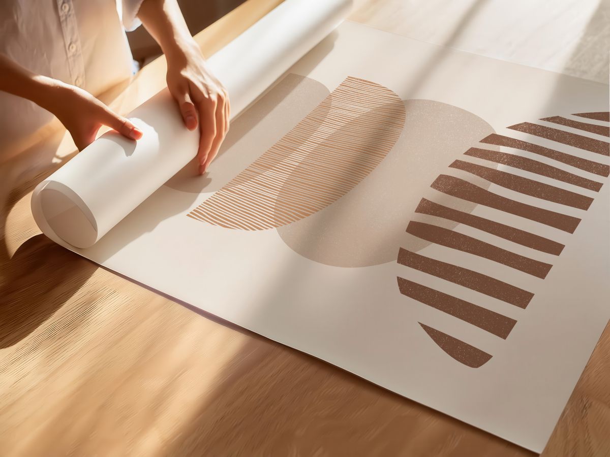 Boho Bej Üst Üste Formlar ve Kahve Çizgili Yarım Daire, rulo yapılmış çerçevesiz poster