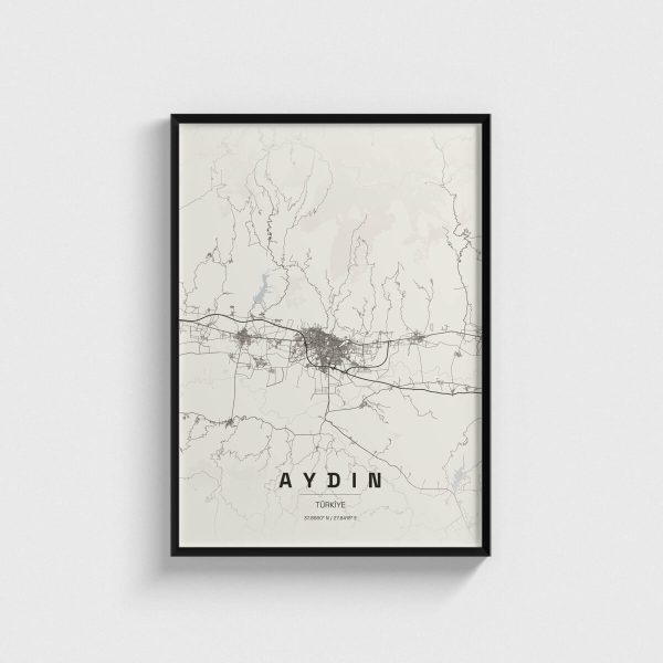 Aydın şehir haritası posteri, siyah çerçeveli tablo