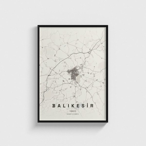Balıkesir şehir haritası posteri, siyah çerçeveli tablo