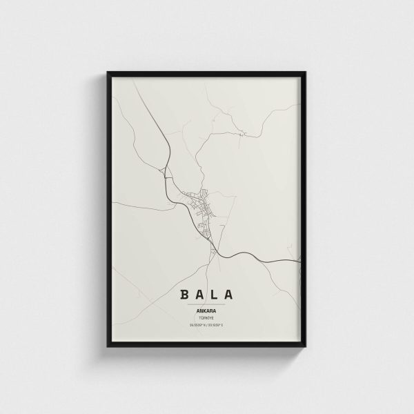 Ankara Bala ilçe haritası posteri, siyah çerçeveli tablo