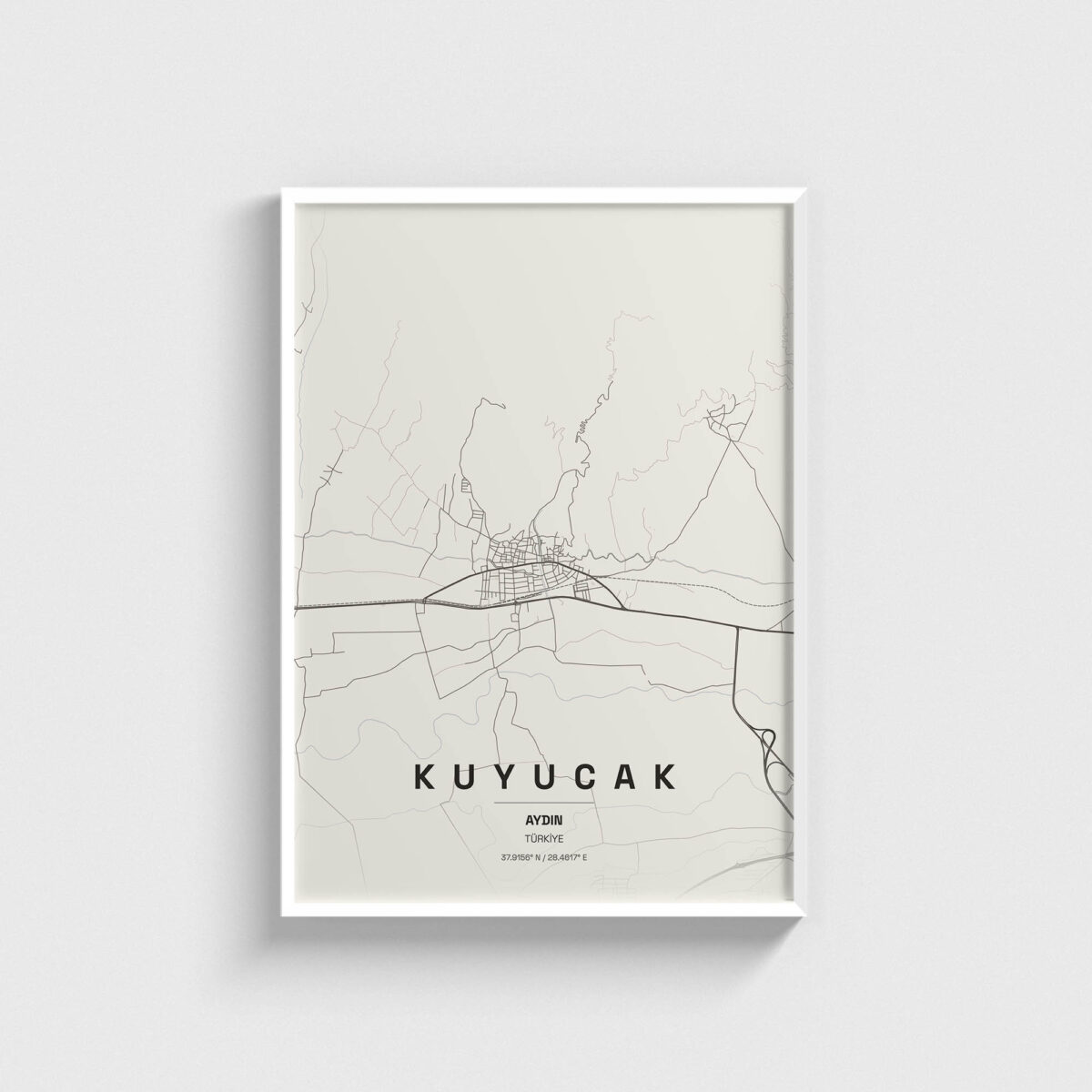 Aydın Kuyucak ilçe haritası posteri, beyaz çerçeveli tablo