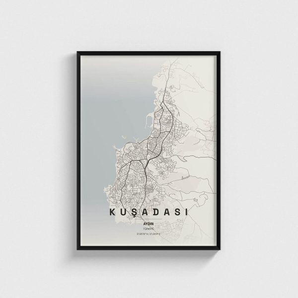 Aydın Kuşadası ilçe haritası posteri, siyah çerçeveli tablo