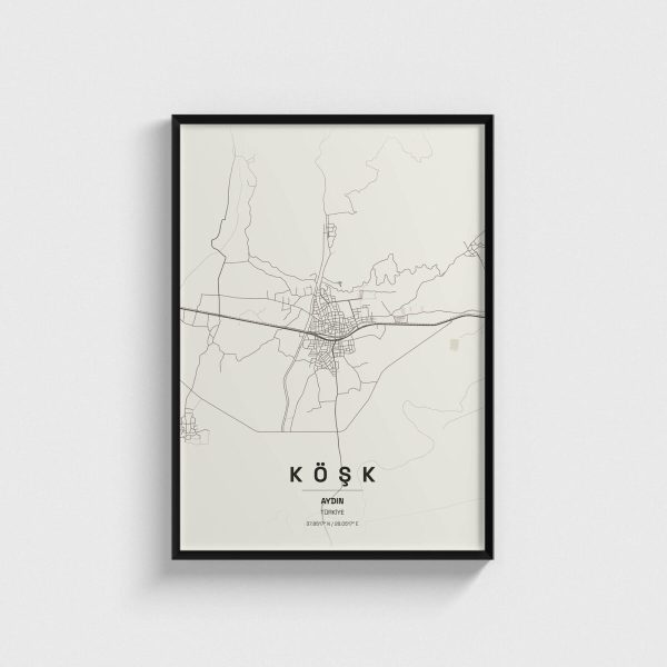 Aydın Köşk ilçe haritası posteri, siyah çerçeveli tablo