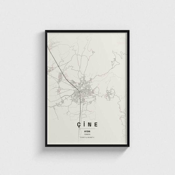 Aydın Çine ilçe haritası posteri, siyah çerçeveli tablo