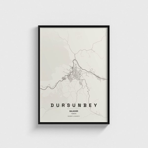 Balıkesir Dursunbey ilçe haritası posteri, siyah çerçeveli tablo